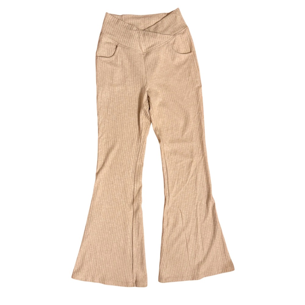 Halara Ribbed Crossover V-Waist Flare‎ Pants Tan Beige Small Lounge Casual